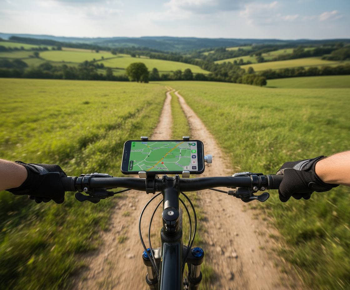 Support téléphone VTT en action dans la campagne